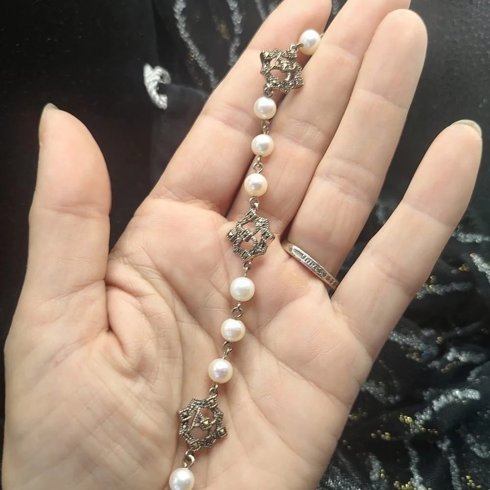 Judith Jack Bracelet Sterling Silver Marcasite Logo and pearl like beads…